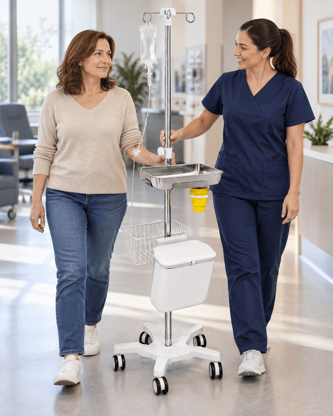 Patient walking beside the EverCare IVS-200 mobile IV stand with assistance from a nurse in a bright outpatient clinic